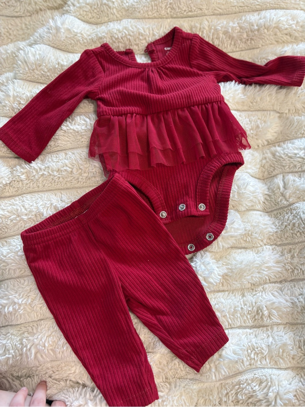 7/$30 Baby Ribbed Two-Piece Set with Tulle Ruffle - Deep Red